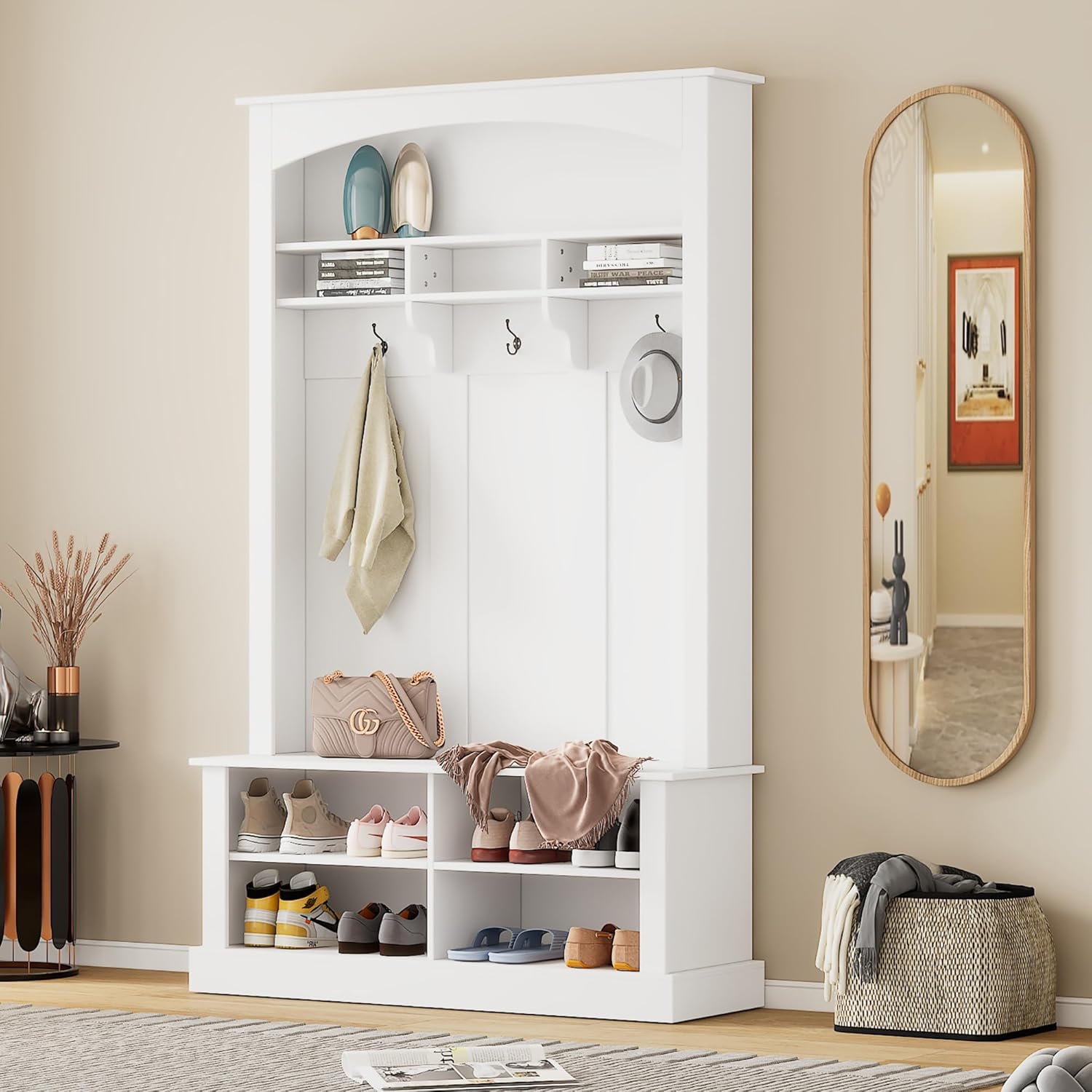 47.2'' Wide Hall Tree Shoe, Multi-Functional Bench w/3 Hanging Hooks & Open Space, Rectangle Storage & Shelves Coat Rack for Hallway, White