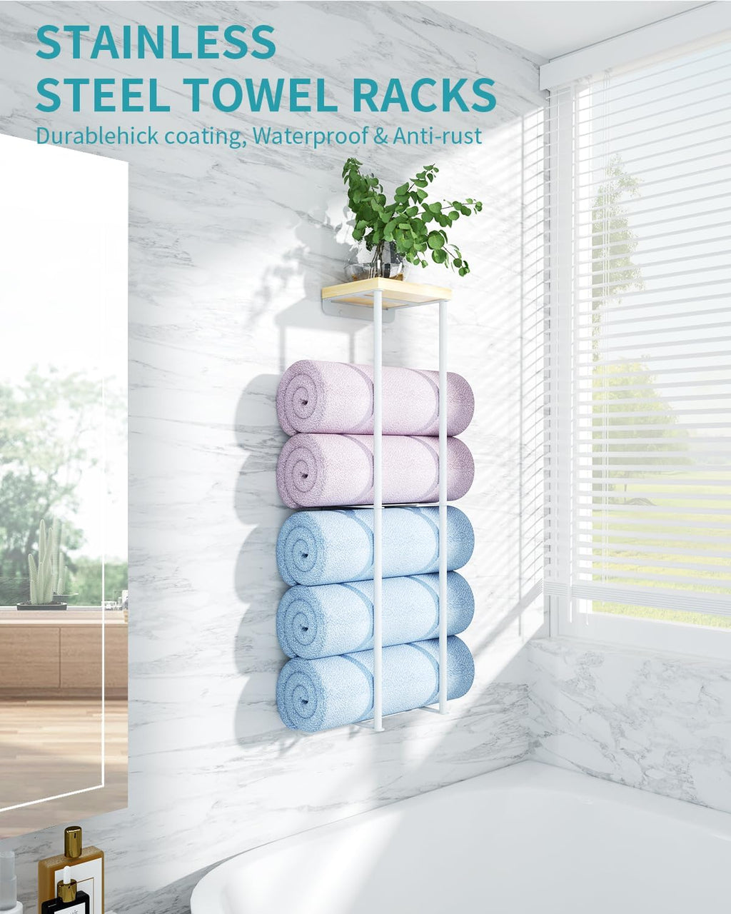 2 Tier Wall Towel Holder with Wood Shelf for Bathroom, White J676