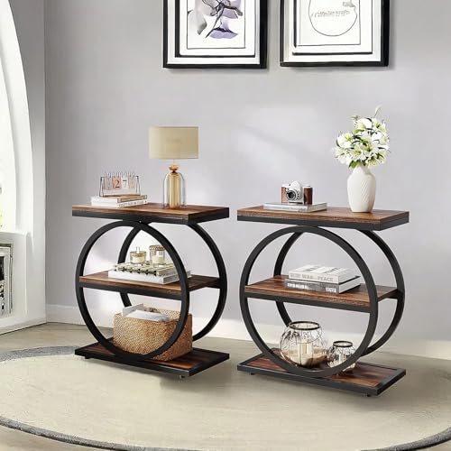 3-Tier End Table with Storage, Wood Round Metal Frame Nightstand P8044