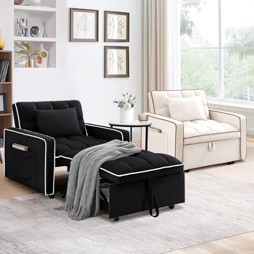 Velvet Tufted 3-in-1 Convertible Sleeper Chair Bed with Adjustable Backrest, Beige L3033