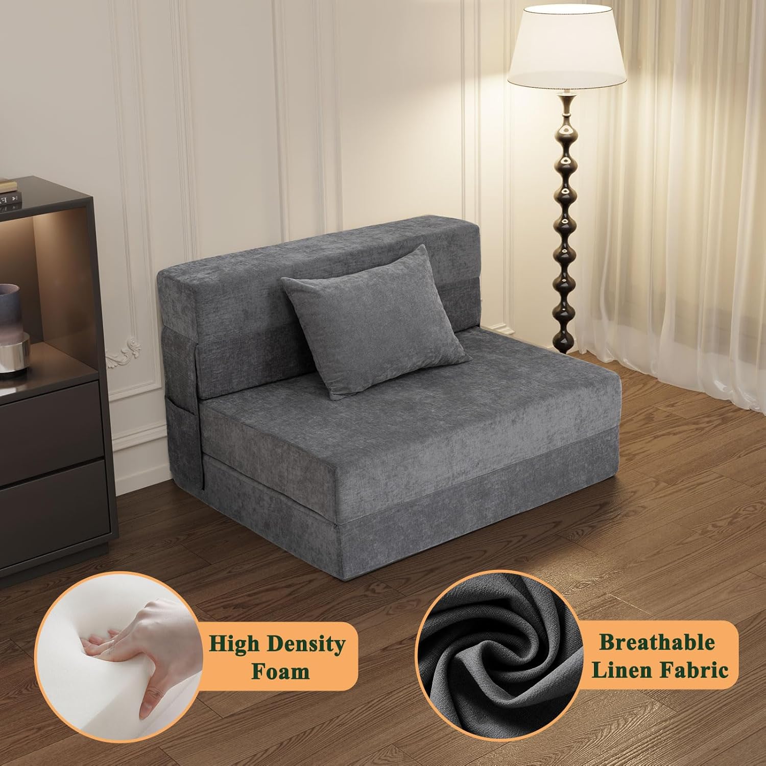 Folding Sofa Bed Convertible Sleeper Chair with Pillow, Gray L576356