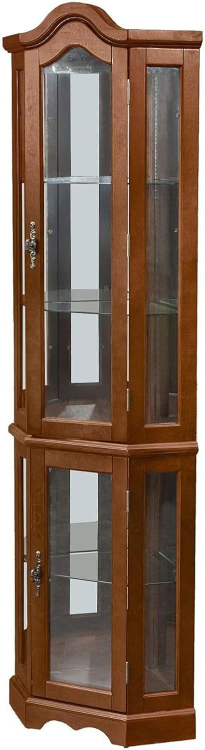 Walnut Corner Curio Cabinet with Glass Doors and Shelves, 70.25" Height V80144