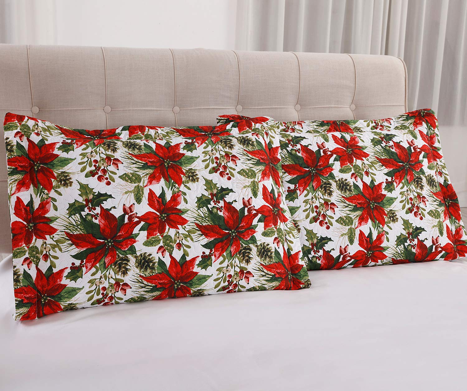Christmas Quilt Set King Size Poinsettia Floral Bedspread Coverlet with Pillow Shams D24015