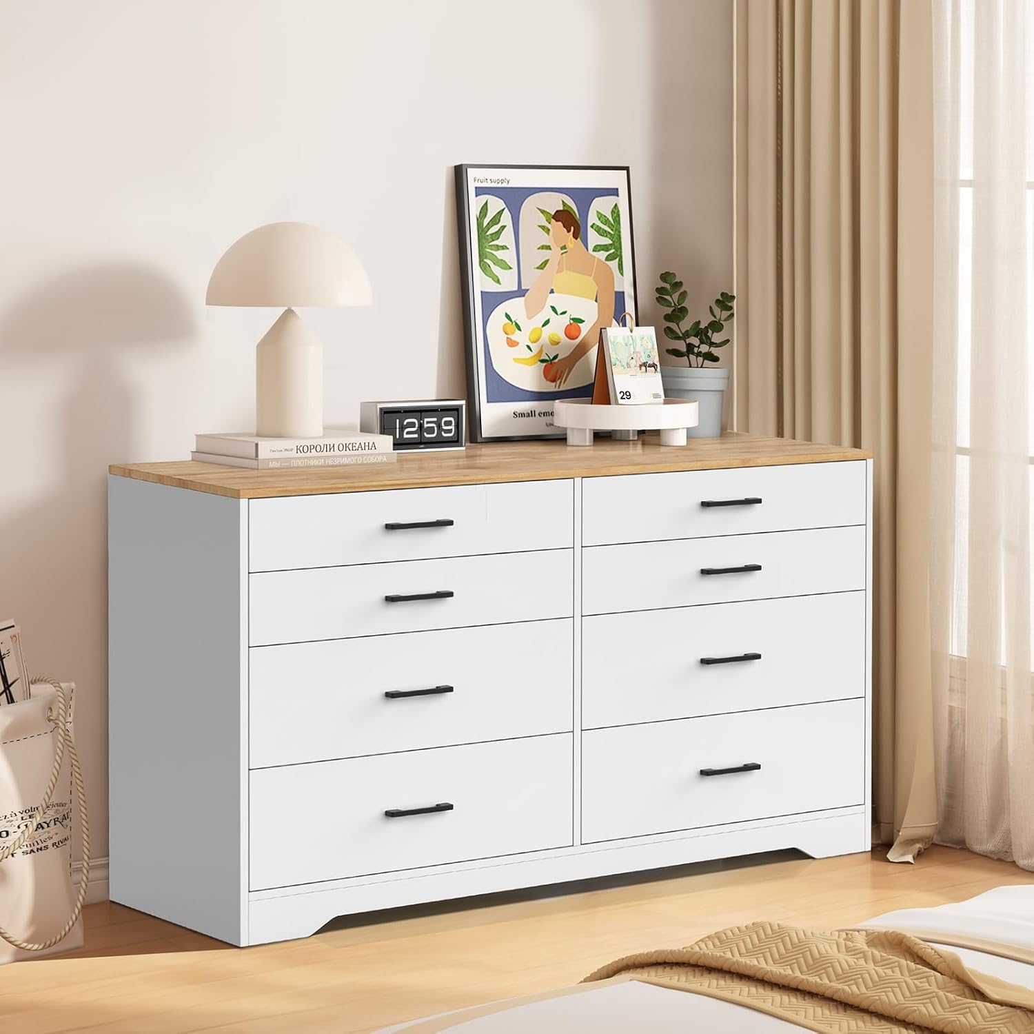 VINGLI 8 Drawer Dresser for Bedroom, White Dresser, Kids Dresser Wood Chest of Drawers, Baby Dresser for Nursery, Nursery Dresser, Storage Dresser Cabinet, Long Dresser, Modern Dresser, Brown Top