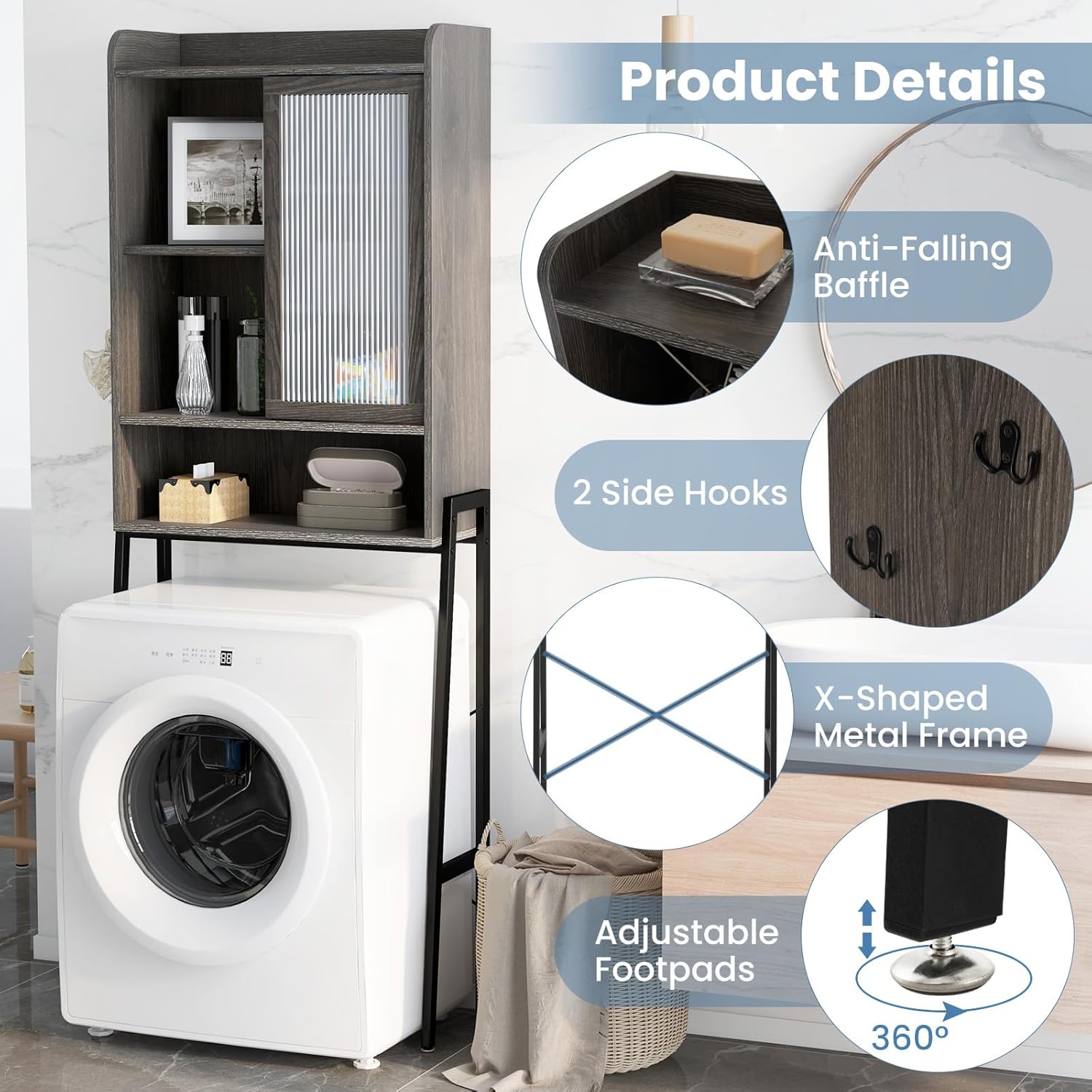 Over The Toilet Storage Cabinet with Sliding Door, Freestanding Bathroom Organizer V889695