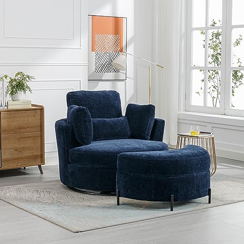 Oversized Swivel Accent Barrel Chair with Storage Ottoman and 4 Pillows, Terracotta Chenille E3151