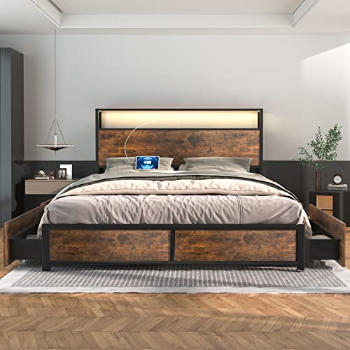 Gitua Full Size Bed Frame with Storage Drawers, LED Lights and Charging Station, Rustic Brown B13916