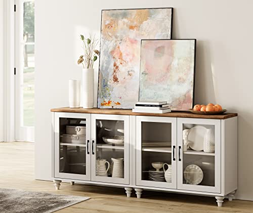 WAMPAT 3-in-1 Sideboard Buffet Cabinet with Storage, Glass Door & Drawer, Off White C496869