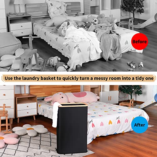 Slim Laundry Hamper with Lid, 75L Collapsible Clothes Basket with Bamboo Handles, Black R4048