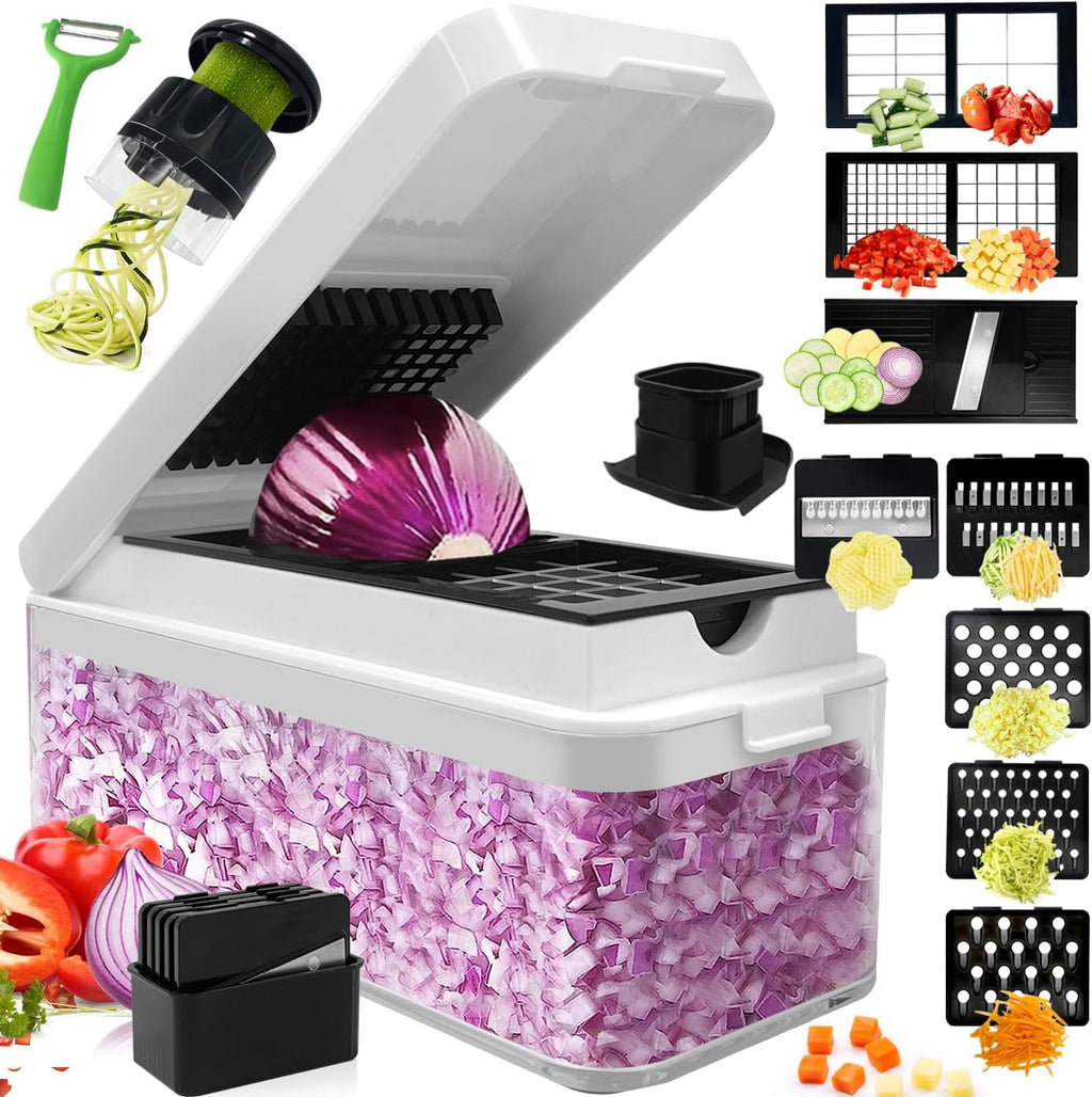 Vegetable Chopper Slicer Onion Dicer, Multifunctional 14 in 1 Food Chopper, Onion Chopper with Container, Vegetable Spiralizer 3 in 1 Handheld Vegetable Slicer