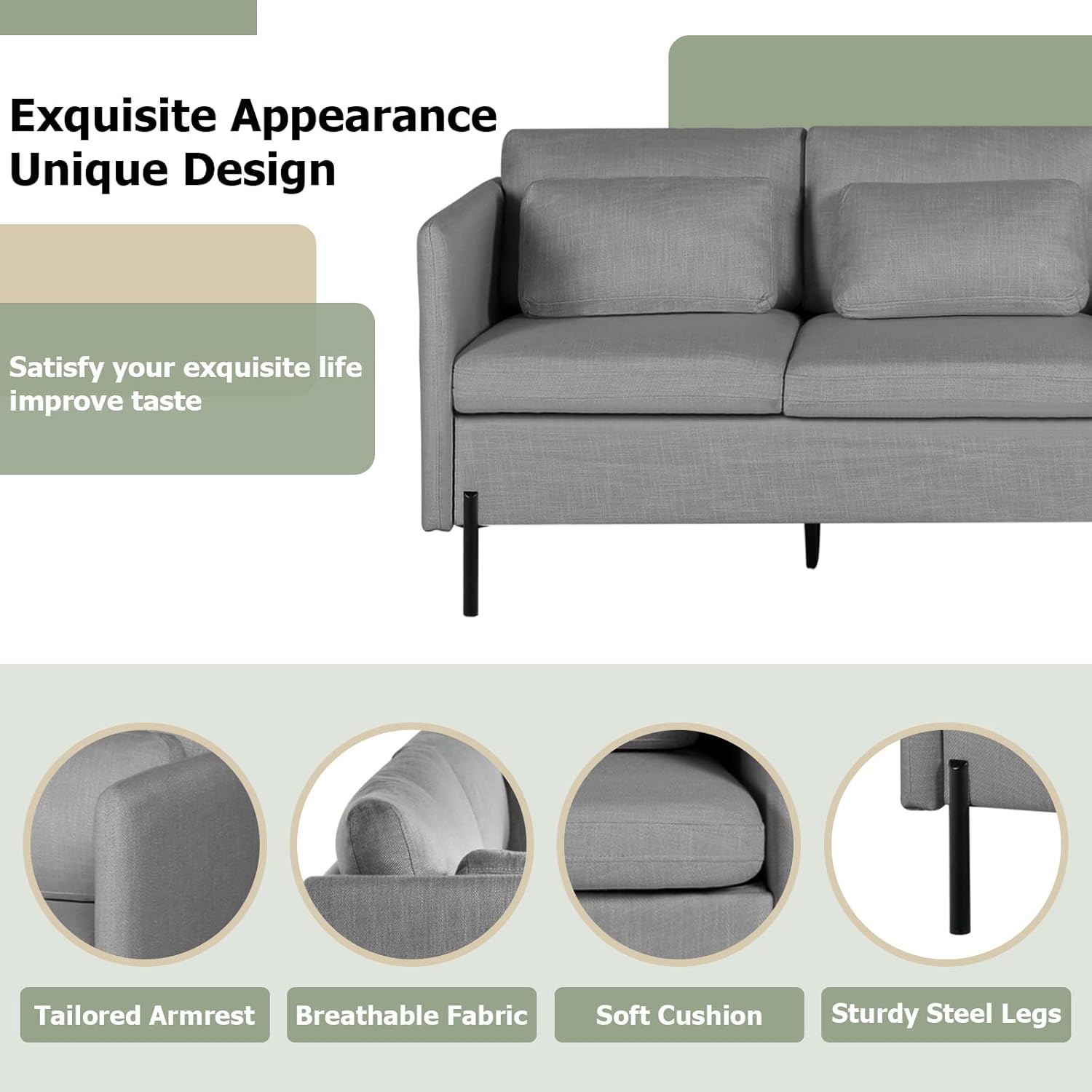 3 PCS Living Room Sofa Set, Modern Upholstered Armchair Loveseat Couches with Pillows, Grey J3915