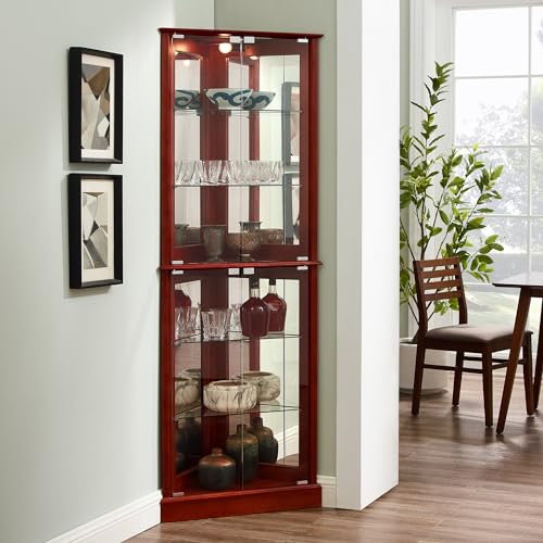 Henf 72" Tall Corner Cabinet with LED Light, Lighted Glass Display Curio Cabinet with Glass Doors, Adjustable Shelves and Mirrored Back Panel,Curved Wood Corner 6-Tier Storage Cabinet for Living Room