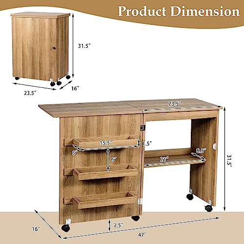 COSTWAY Folding Sewing Table with Shelves and Lockable Wheels I6331