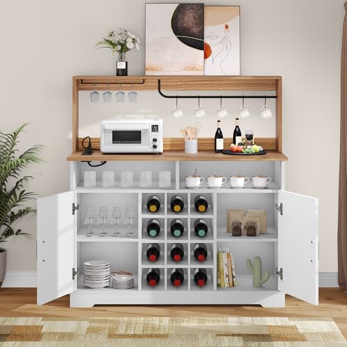 YITAHOME 47" Farmhouse Buffet Cabinet with Storage and Power Outlet, Black Oak Q2156
