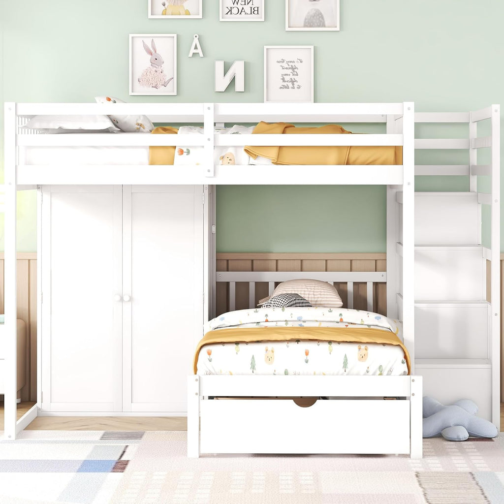 Full Over Twin Wood Bunk Bed with Wardrobe, Staircase and Drawers, White W870118