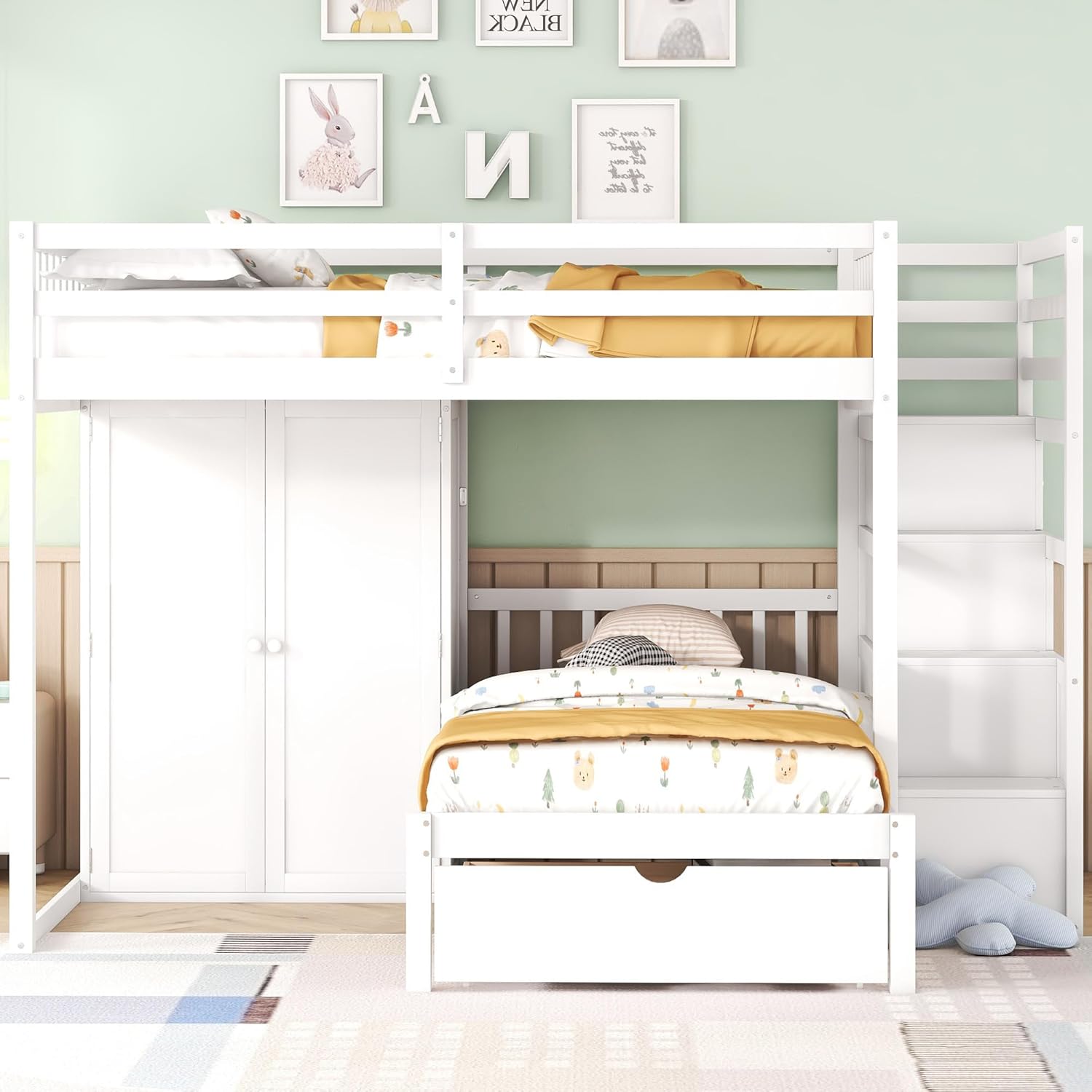 Full Over Twin Wood Bunk Bed with Wardrobe, Staircase and Drawers, White W870118