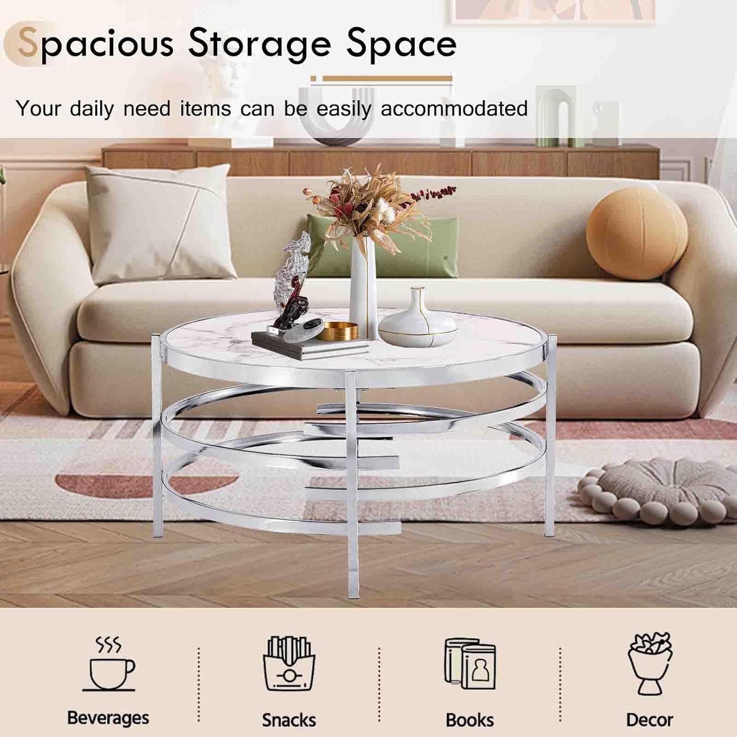 Goujxcy Modern Round Coffee Table with Faux Marble & Silver Metal Frame R713512