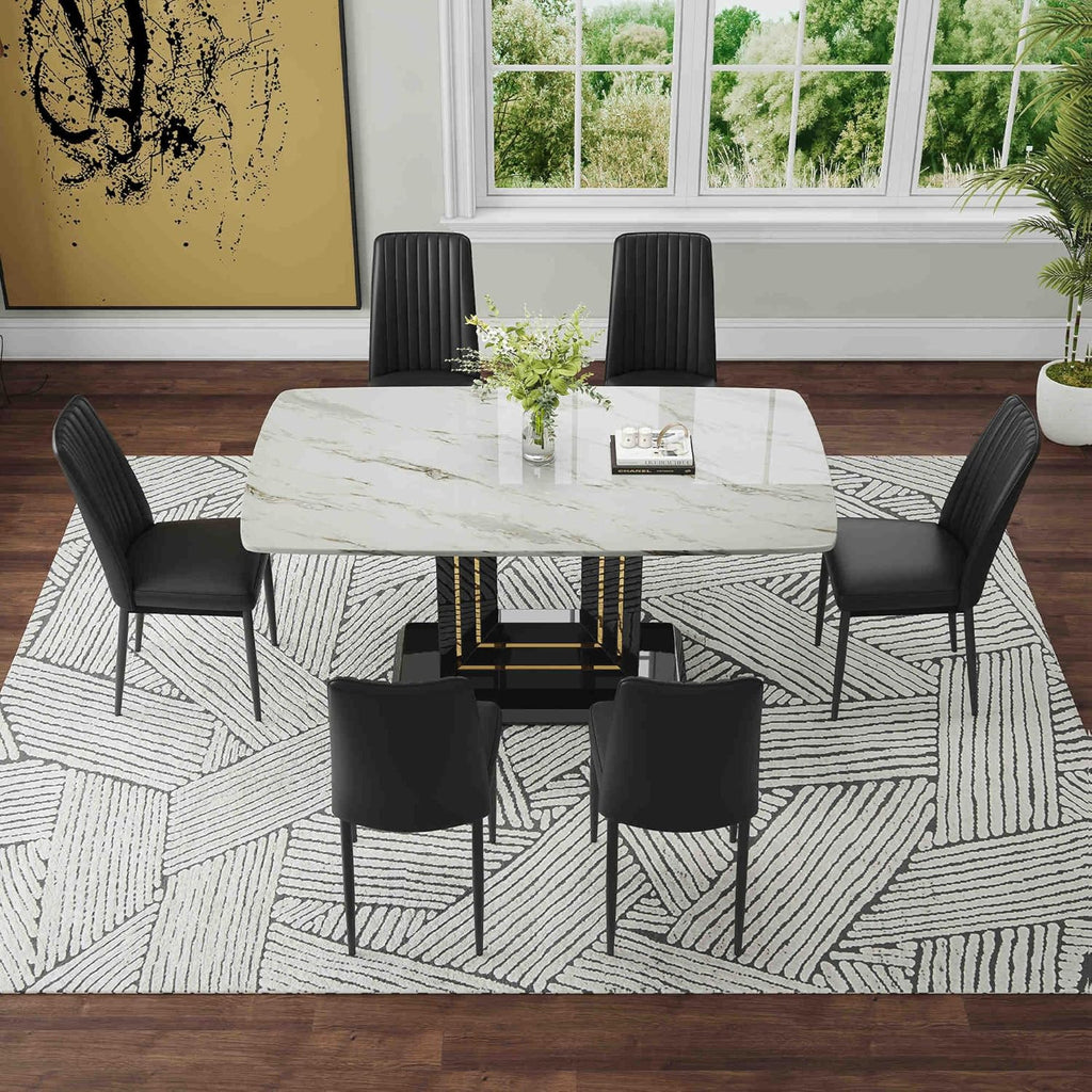 7-Piece Dining Table Set with 6 Soft Chairs, Faux Marble Top G7186