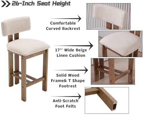 Farmhouse Kitchen Bar Stools Set of 4, Beige Linen Upholstered with Backs F6052