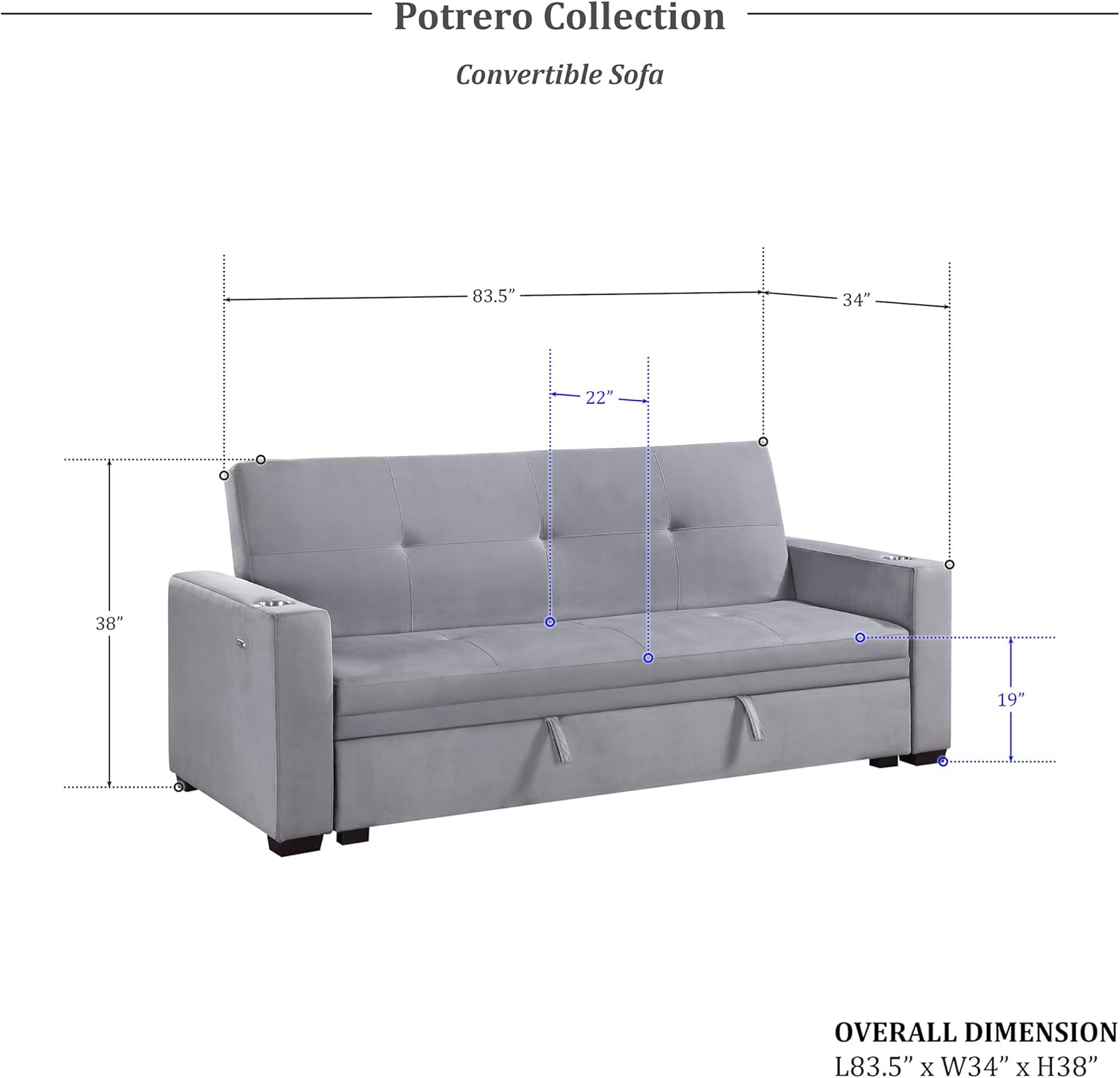 Lexicon Futon Sofa Bed with Storage, Grey P6404