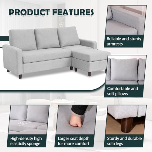 Babion 79" Convertible Sectional Sofa Couch, Linen Fabric, Light Gray L696564