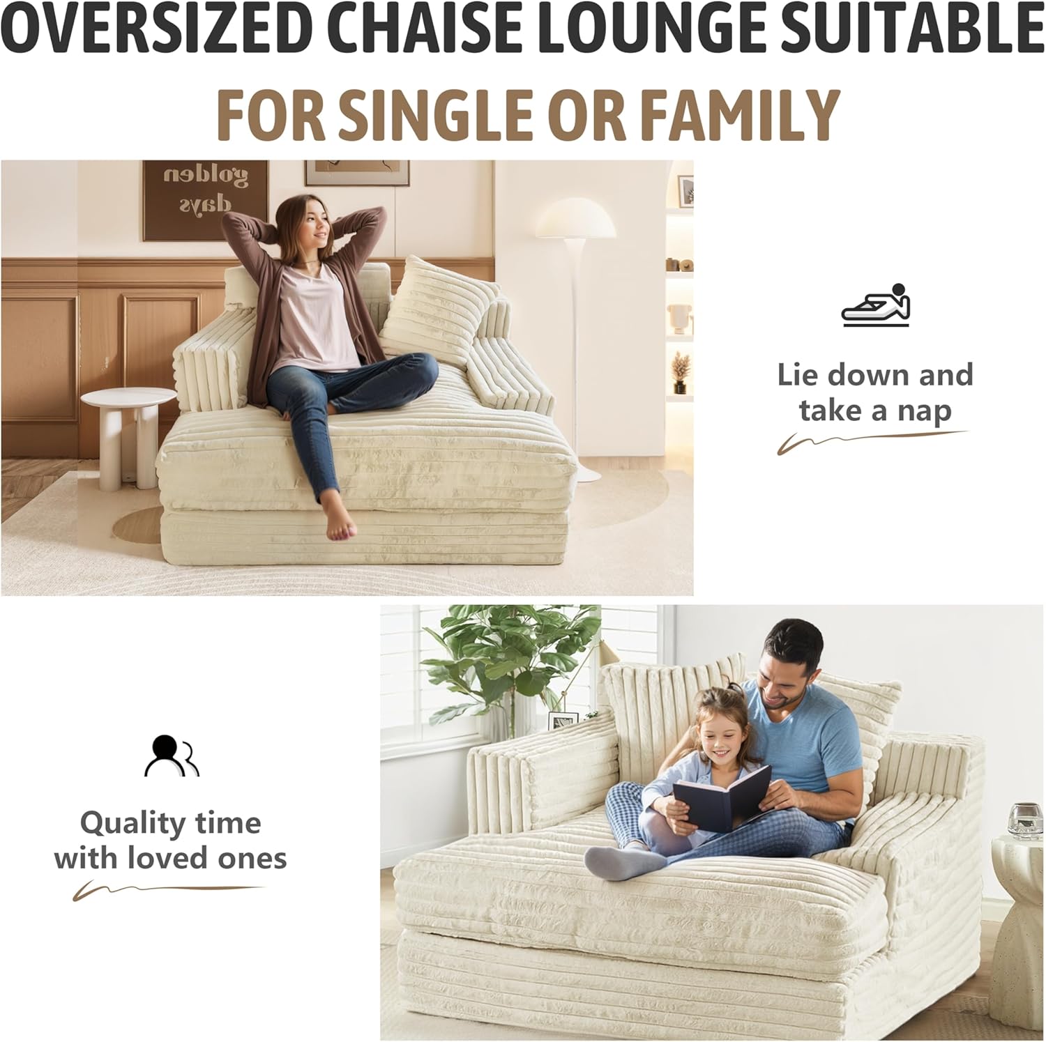 Oversized Chaise Lounge Sofa Upholstered with 2 Throw Pillows V413