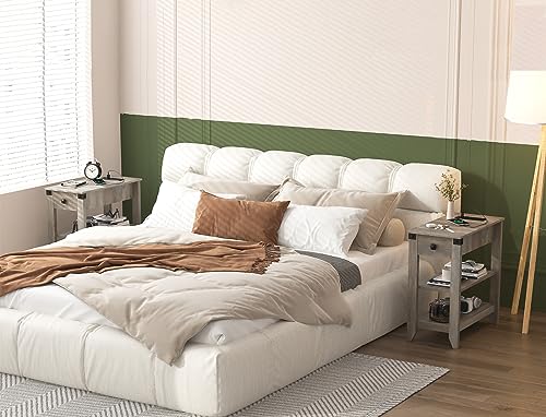 Fameill End Tables Set of 2, Narrow Side Table with Charging Station, Rustic Grey S81225