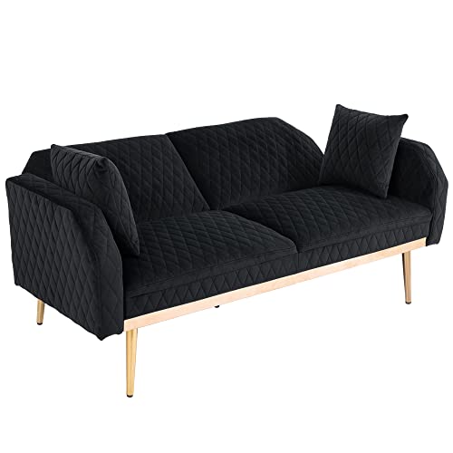 Modern Velvet Loveseat Sleeper Futon Sofa Bed with Metal Legs, Black P4165