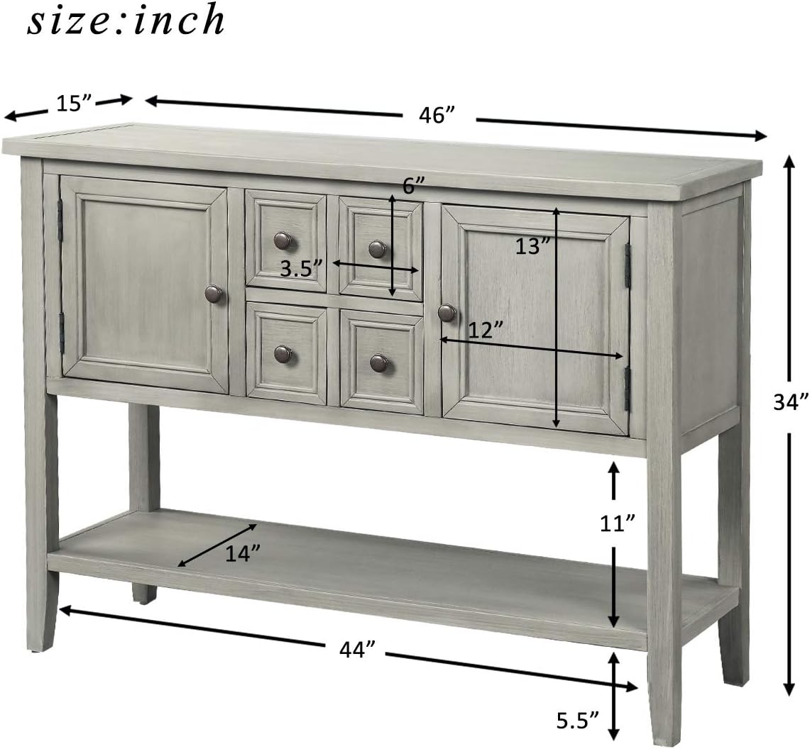 Farmhouse Vintage Console Table with 4 Drawers and Bottom Shelf, Solid Wood, Antique Gray F702450