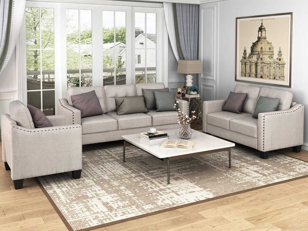 FANYE 3 Pieces Living Room Furniture Set, Loveseat and Armchair, Linen Fabric, Beige V6796
