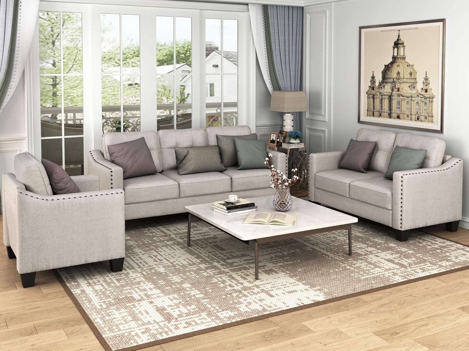 FANYE 3 Pieces Living Room Furniture Set, Loveseat and Armchair, Linen Fabric, Beige V6796