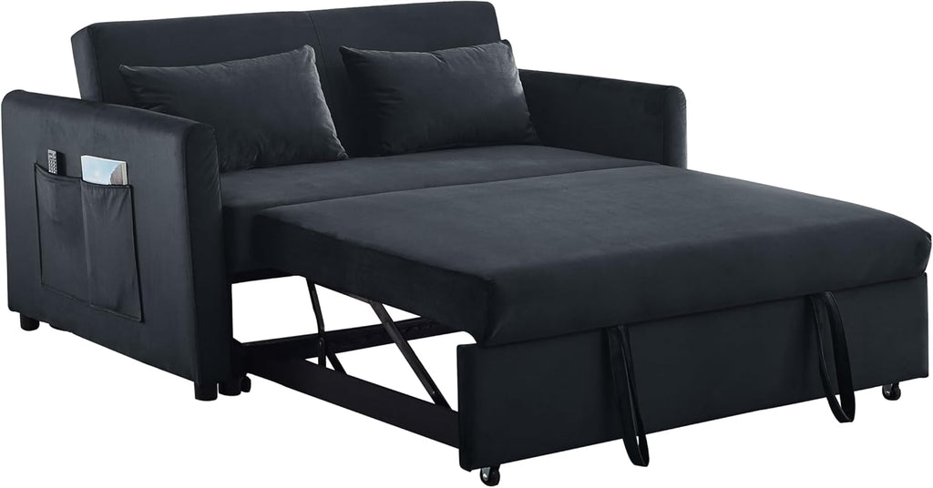 54 Inch Convertible Sleeper Sofa Velvet Loveseat with Pullout Bed, Black Q87897