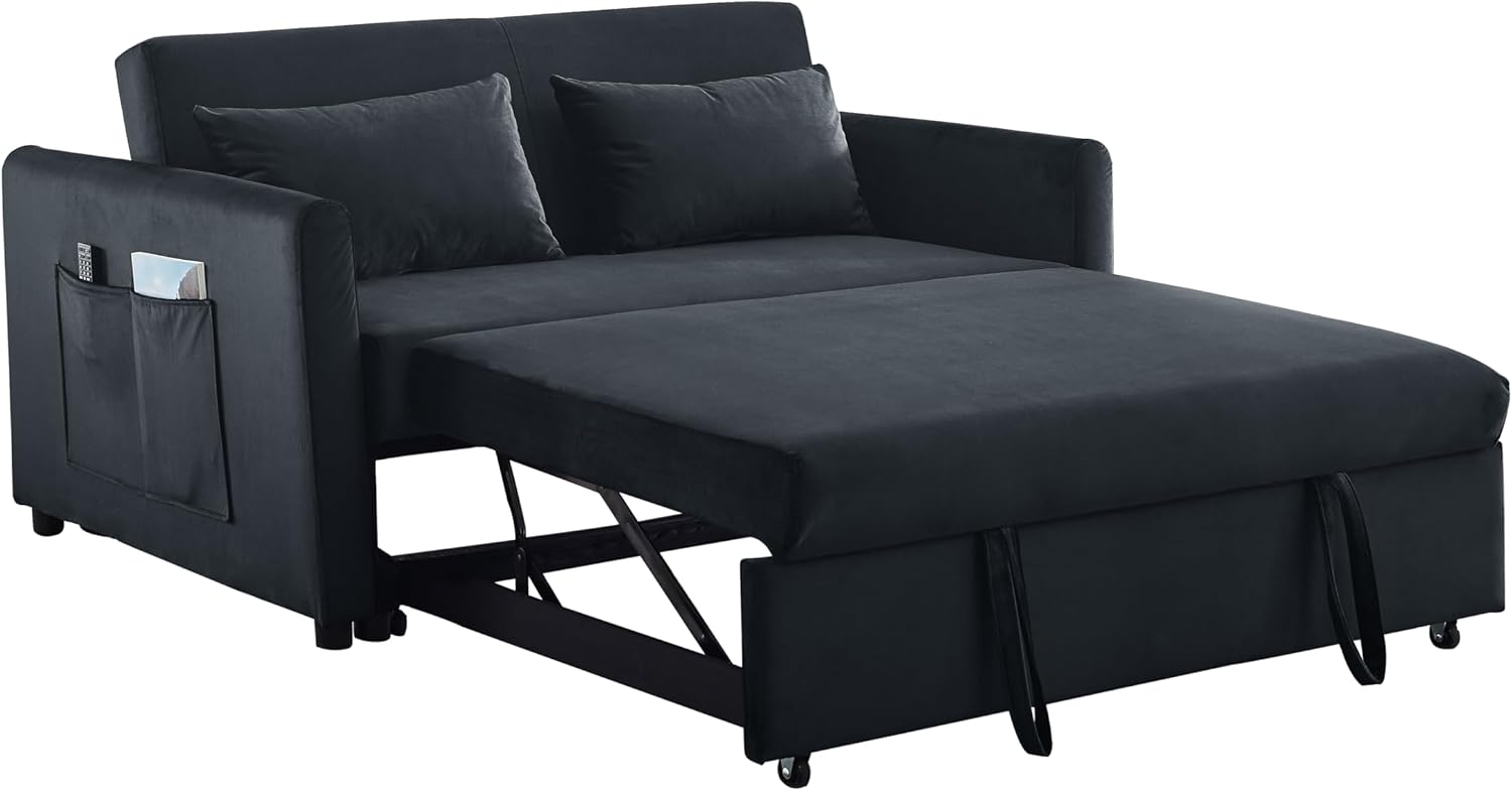 54 Inch Convertible Sleeper Sofa Velvet Loveseat with Pullout Bed, Black Q87897