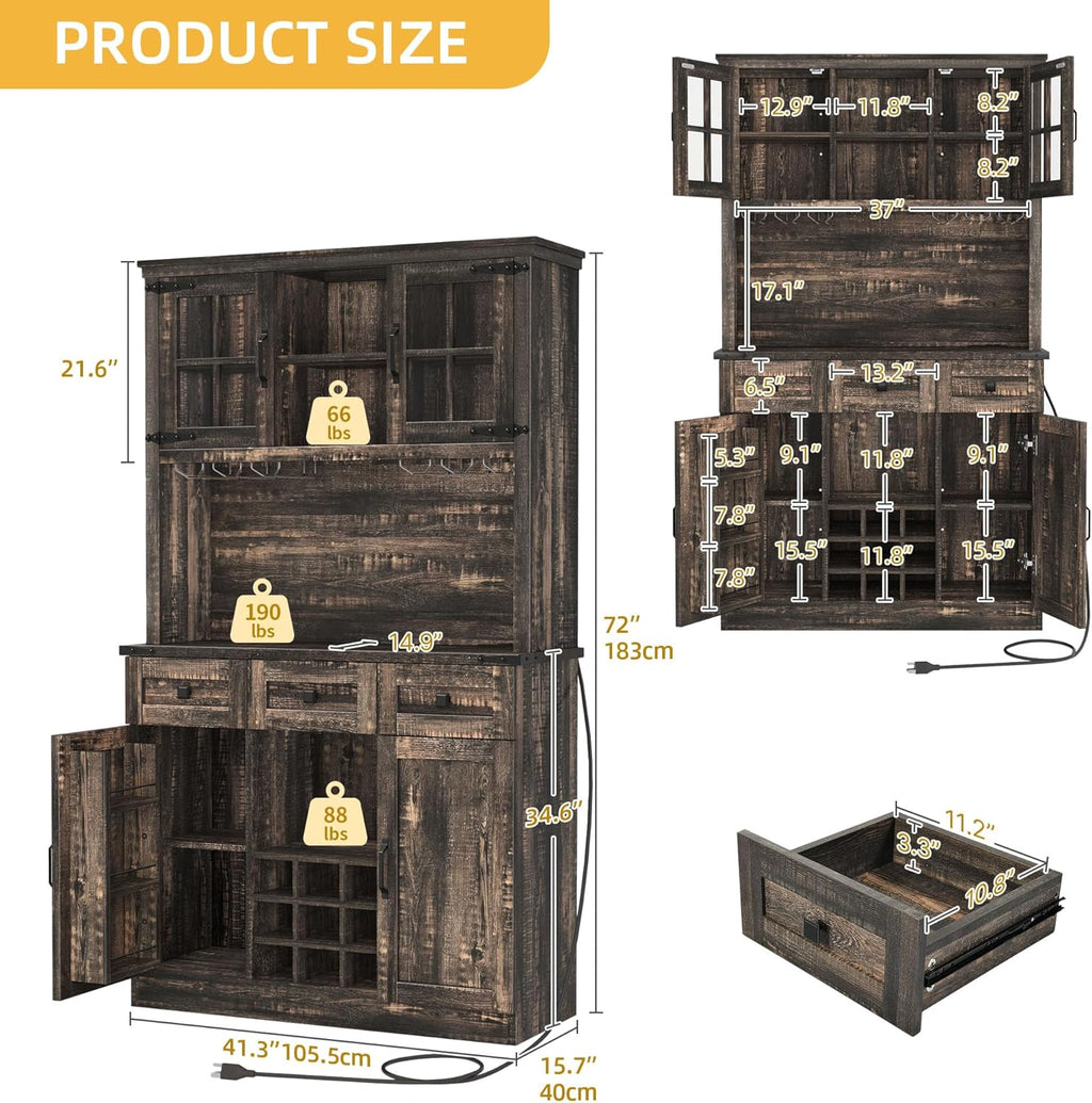 DWVO 72" Kitchen Pantry Cabinet with Lights and Power Outlet, Dark Rustic Oak M9731