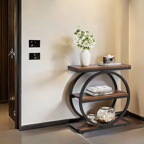 3-Tier End Table with Storage, Wood Round Metal Frame Nightstand P8044