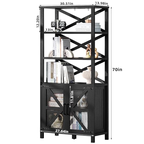 5 Tier Bookshelf 70" Tall Bookcase with Barn Doors, Blue (2PCS) L9935