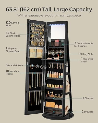 SONGMICS Lockable Mirror Jewelry Cabinet, 360° Swivel Standing Organizer, White P569