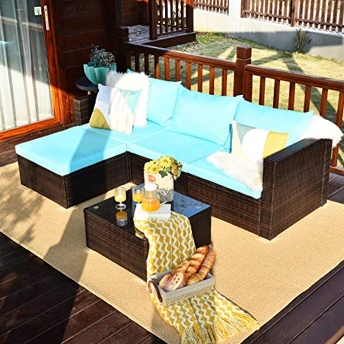 Tangkula 5 Piece Outdoor Patio Furniture Set, Wicker Sectional Sofa with Glass Top Coffee Table, Turquoise H613244