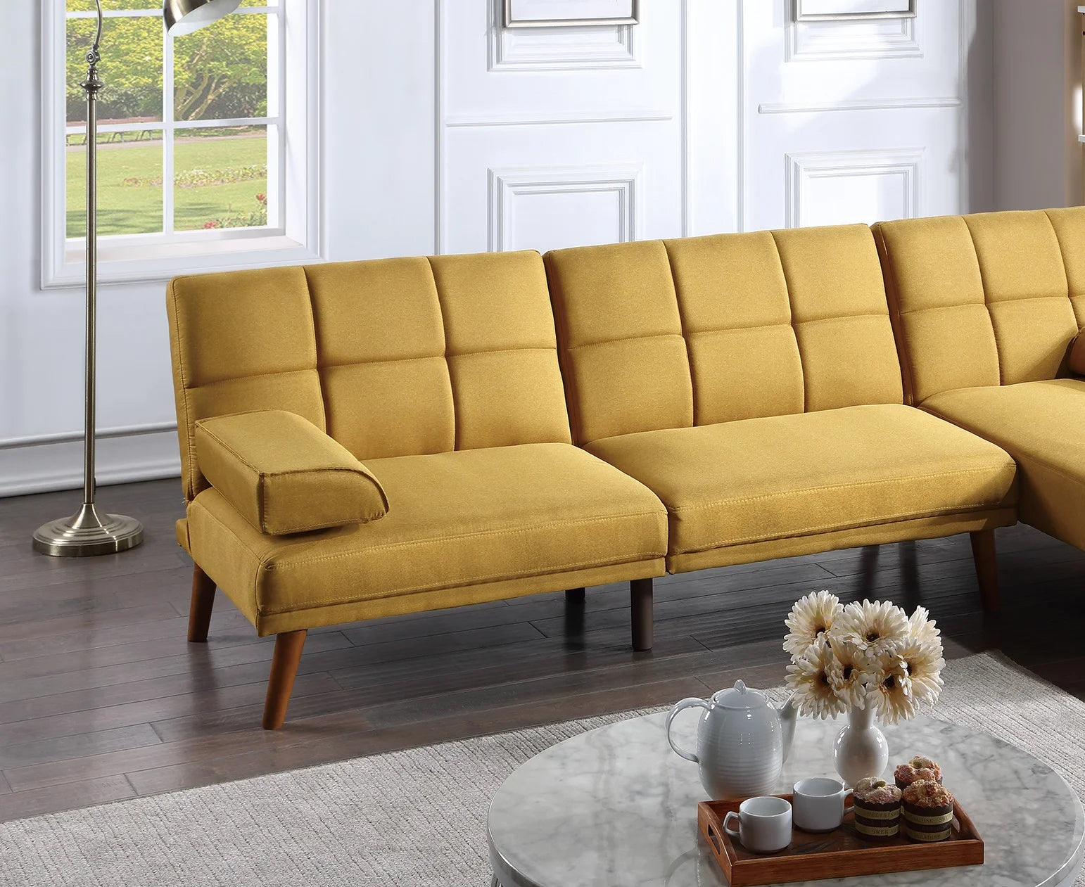 Convertible Sofa Bed Mustard Polyfiber Tufted Cushions X8523