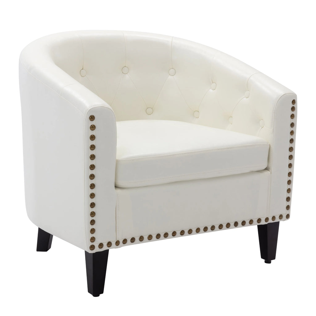 Barrel Accent Chair with Arms PU Leather and Solid Wood Legs, White Q31320