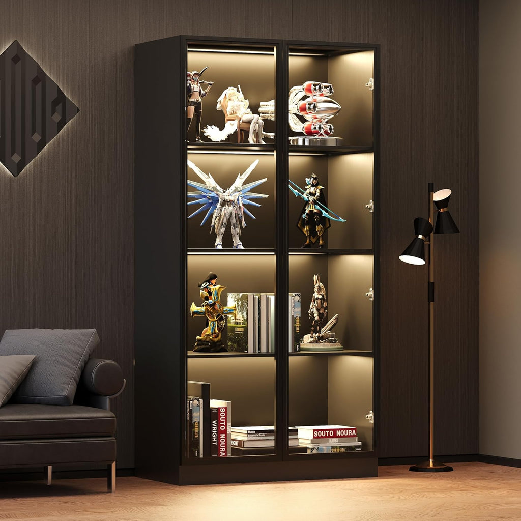 Display Cabinet with Glass Doors & Lights, 4-Tier Storage Cabinet Trophy Curio Display, Lighted Bookcase for Home Office, Black