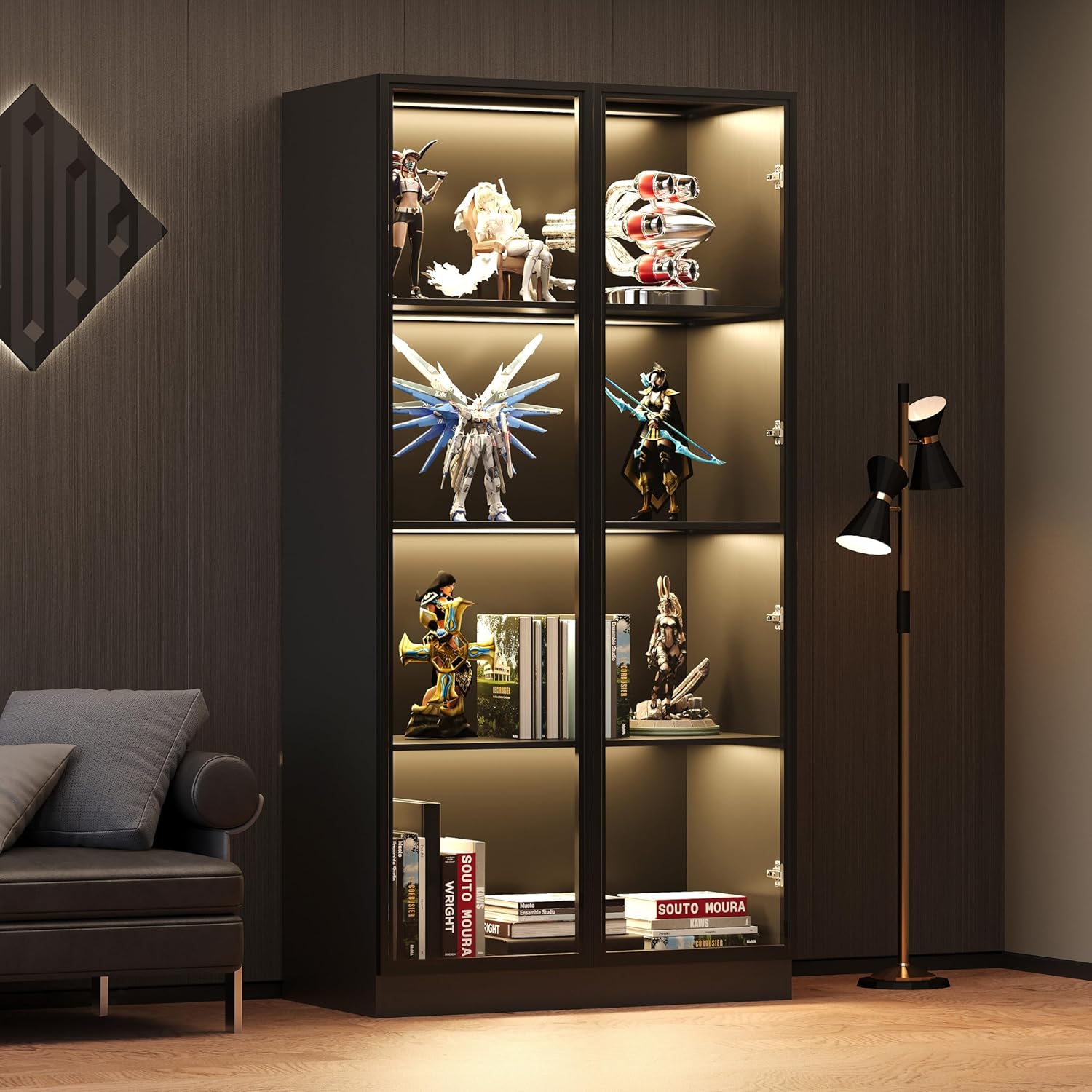 Display Cabinet with Glass Doors & Lights, 4-Tier Storage Cabinet Trophy Curio Display, Lighted Bookcase for Home Office, Black