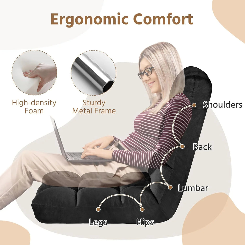 Adjustable 14-Position Floor Chair Folding Gaming Sofa with Back Support, Black J820108