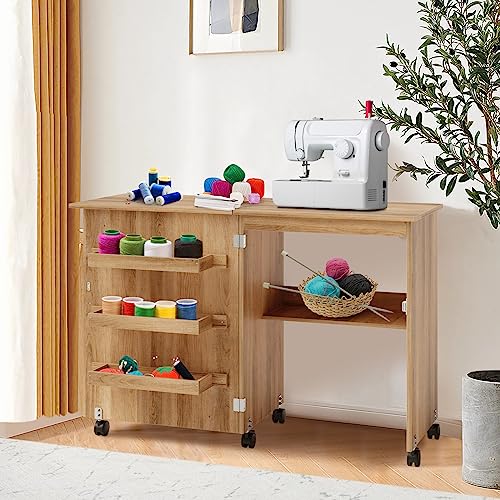 COSTWAY Folding Sewing Table with Shelves and Lockable Wheels I6331