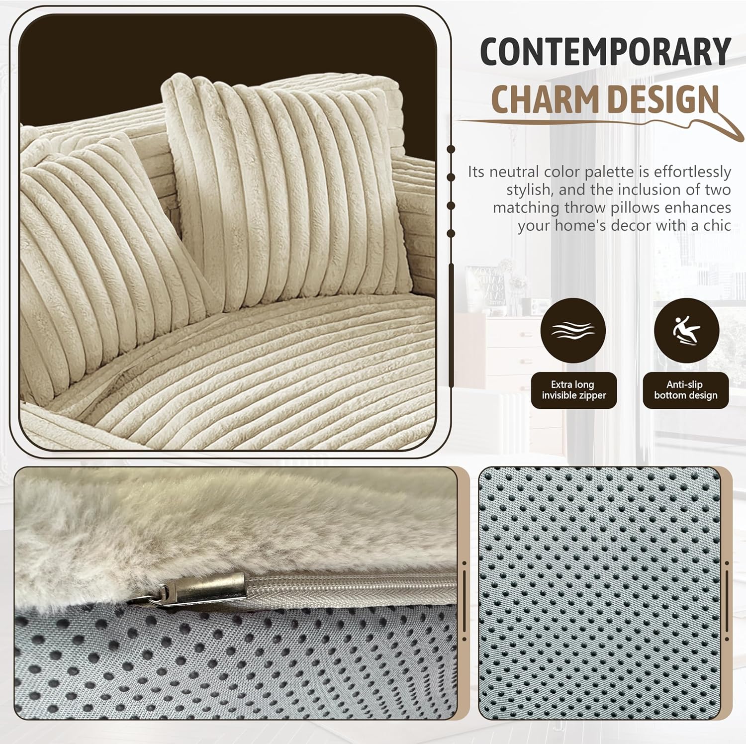 Oversized Chaise Lounge Sofa Upholstered with 2 Throw Pillows V413