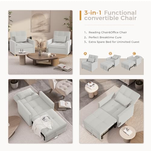 Esright Sleeper Chair 3-in-1 Convertible Sofa Bed with Throw Pillow, Light Grey V809