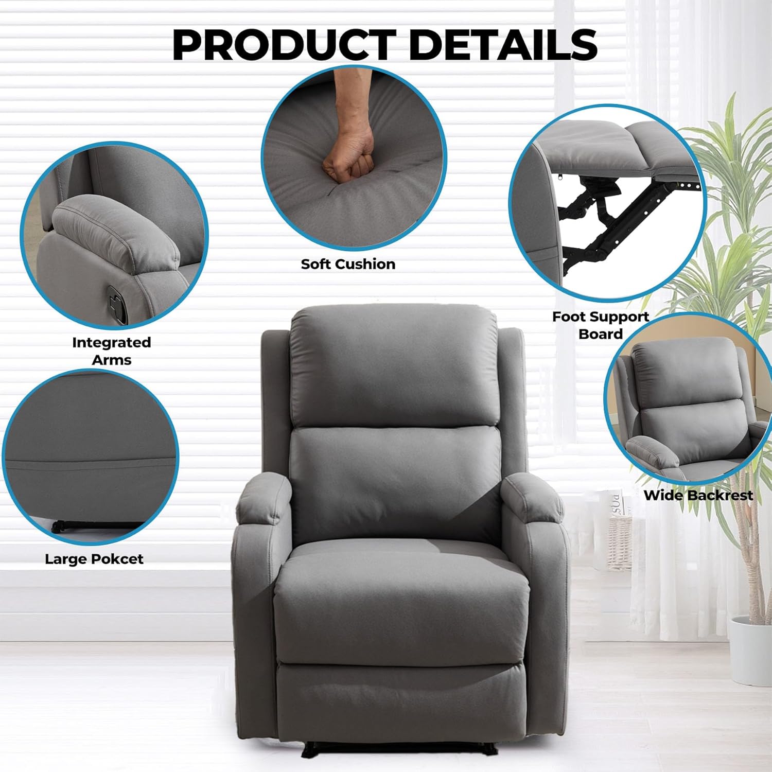 Lazy Boy Leather Recliner Chair for Adults with Adjustable Backrest V607