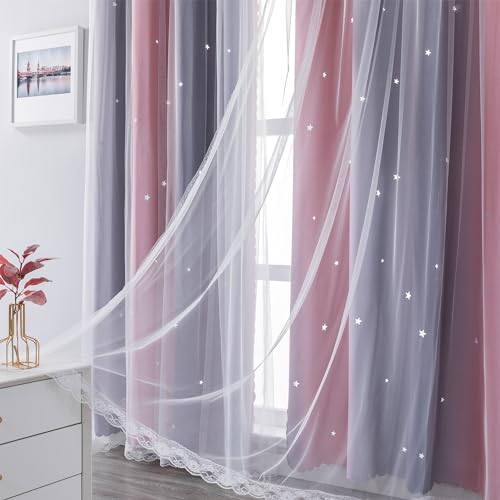XiDi Blackout Curtains for Girls Bedroom, Rainbow Unicorn Pink Ombre, 63 Inches Long, 2 Panels H603405