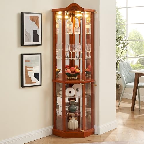 Lighted Wooden Corner Curio Cabinet with Mirrored Back Panel, Oak G629