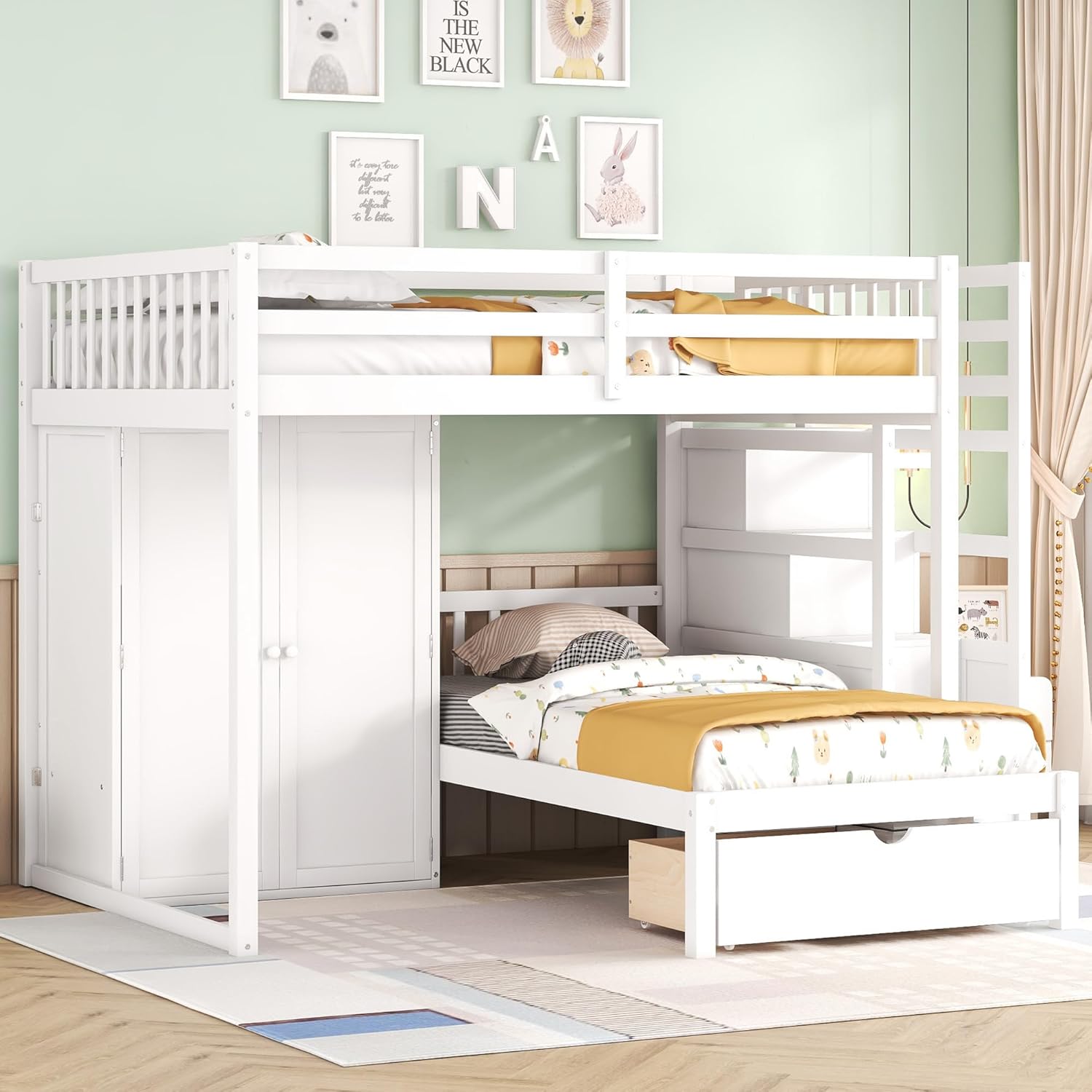 Full Over Twin Multifunctional Wood Bunk Bed,Bunk Bed Frame with Wardrobe,Staircase and Drawers,Space Saving Design,White